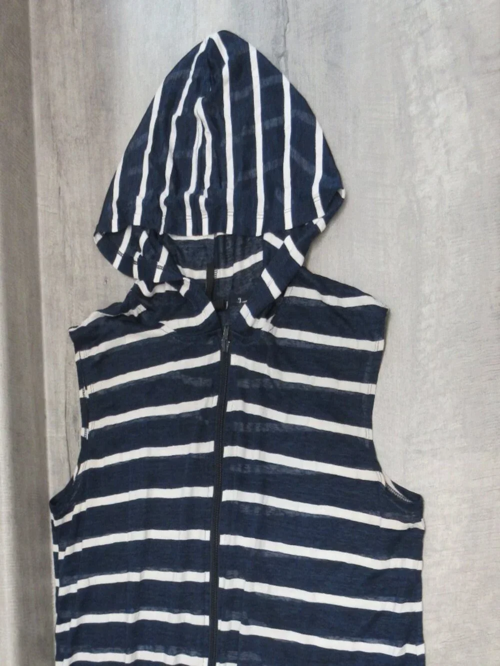 PORTOCRUZ HOODED SWIM COVER UP XL DARK BLUE WHITE STRIPES SLEEVELESS ZIPPED